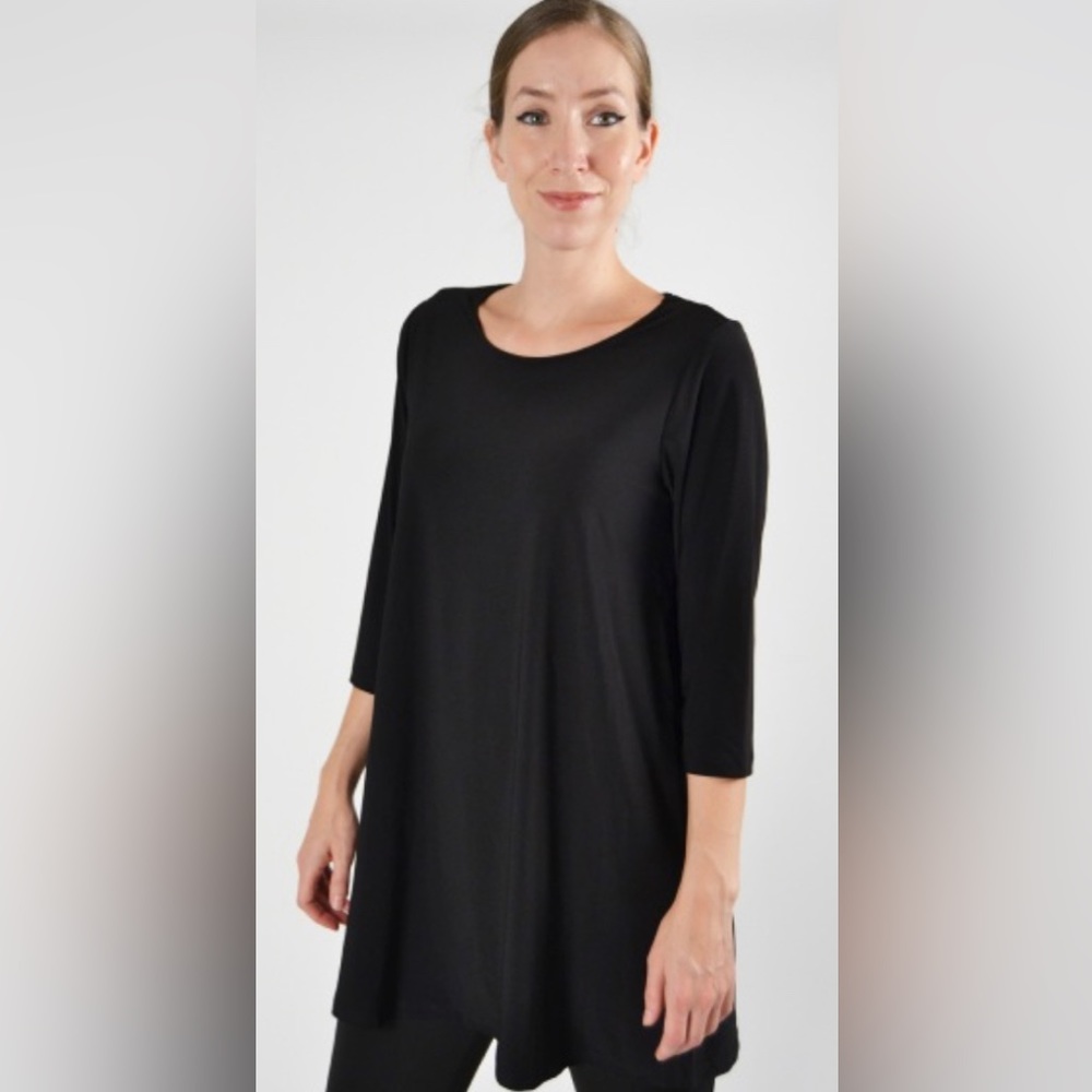 Sun Kim 3/4 Sleeve Simple Jersey Tunic, Black, sz L